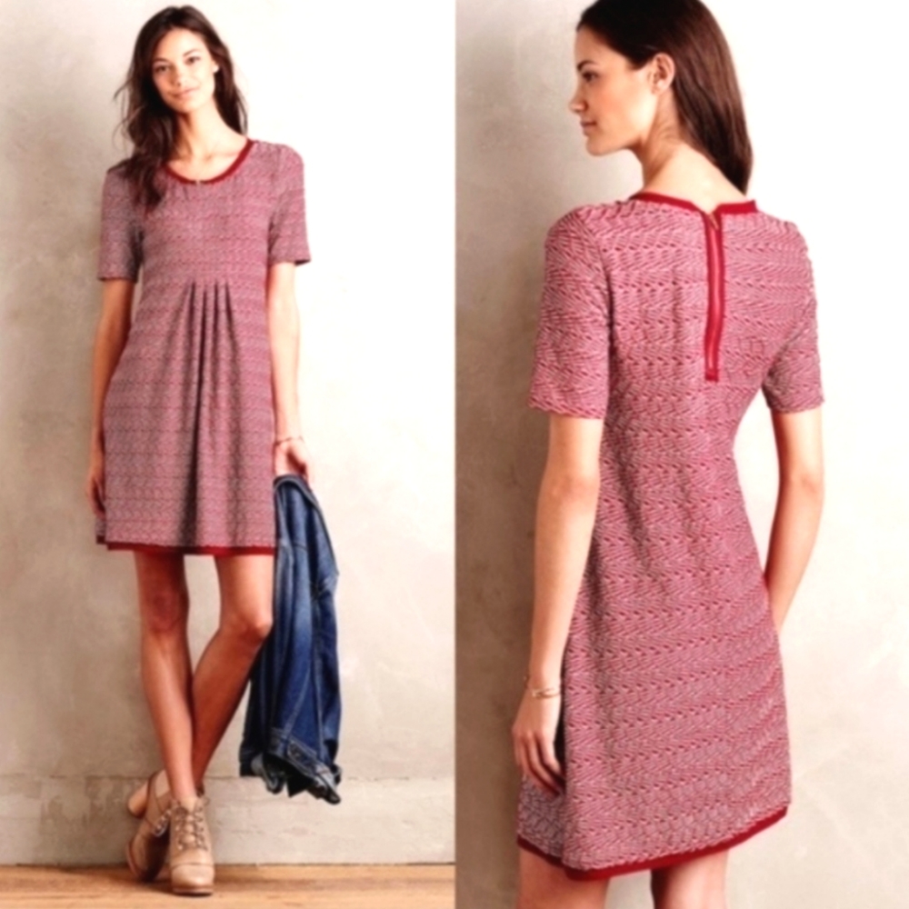 Anthropologie MAEVE Dora Pleated Front Wine Red Stretchy Tunic Dress Sz XS